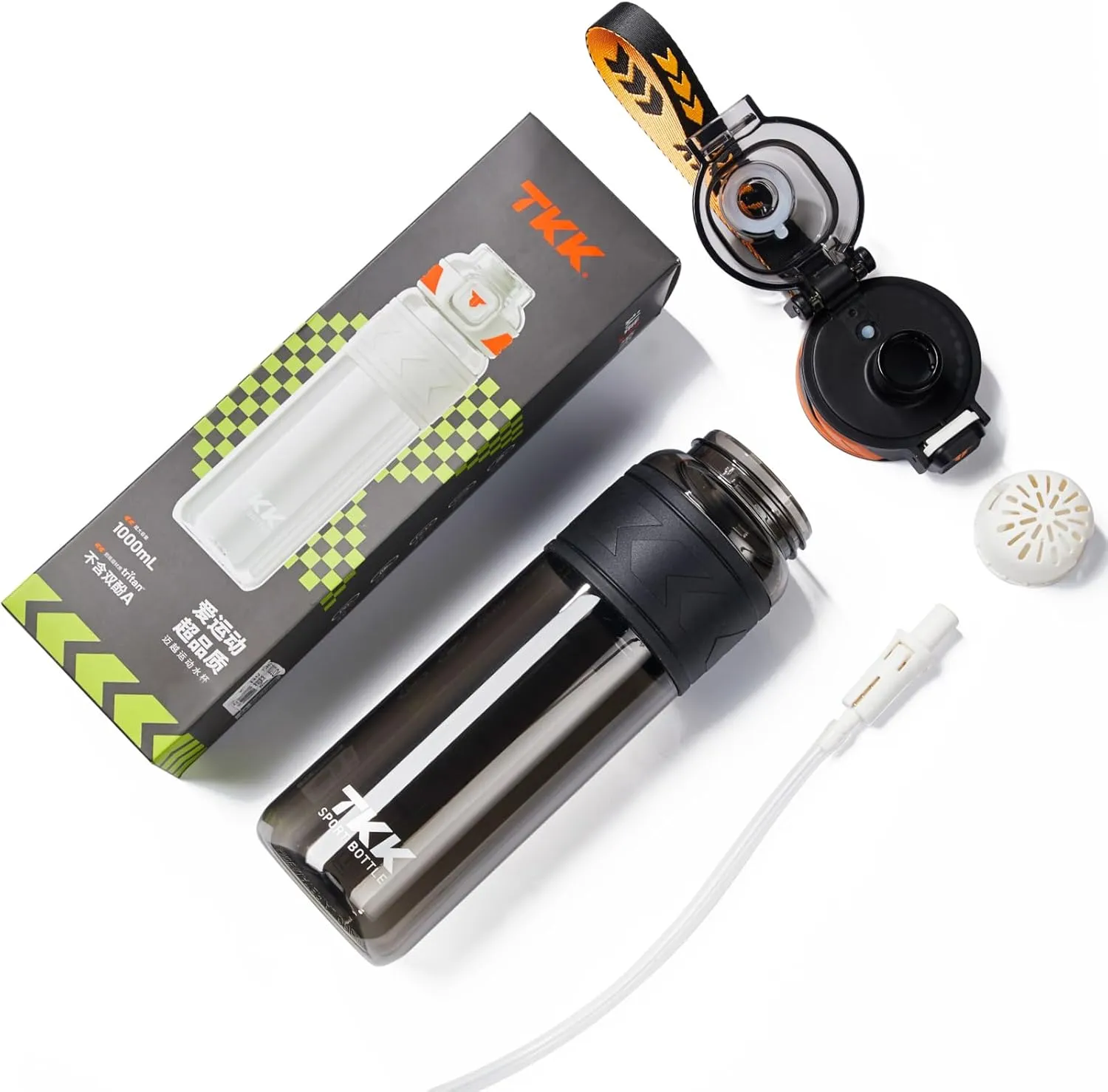 TKK Sports Water Bottles with Removable Straw 34 oz Leak-proof Flip Top Lid BPA Free Tritan Bottles with Strap for School, Fitness, Gym, Outdoor, Green-Black
