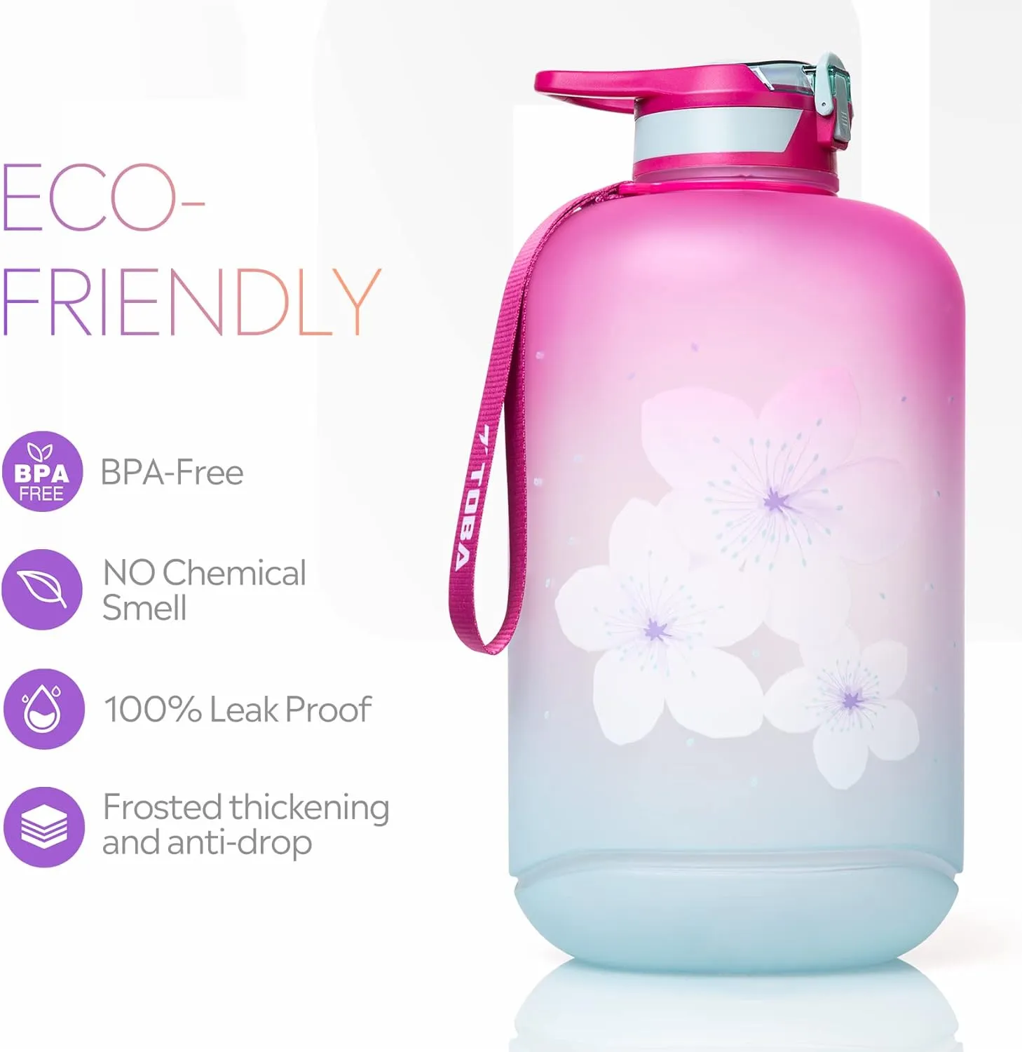 TOBA 1 Gallon Water Bottle -128 oz Motivational Water Bottle BPA Free Water Jug Large Sports Water Bottle Leakproof Drinking Bottle Women/Men for Fitness Gym Outdoor Activity, Green Flower