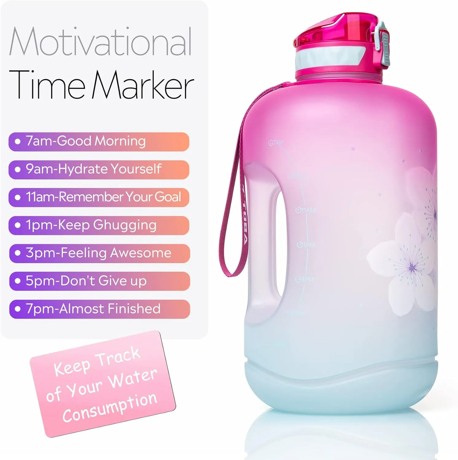 TOBA 1 Gallon Water Bottle -128 oz Motivational Water Bottle BPA Free Water Jug Large Sports Water Bottle Leakproof Drinking Bottle Women/Men for Fitness Gym Outdoor Activity, Green Flower