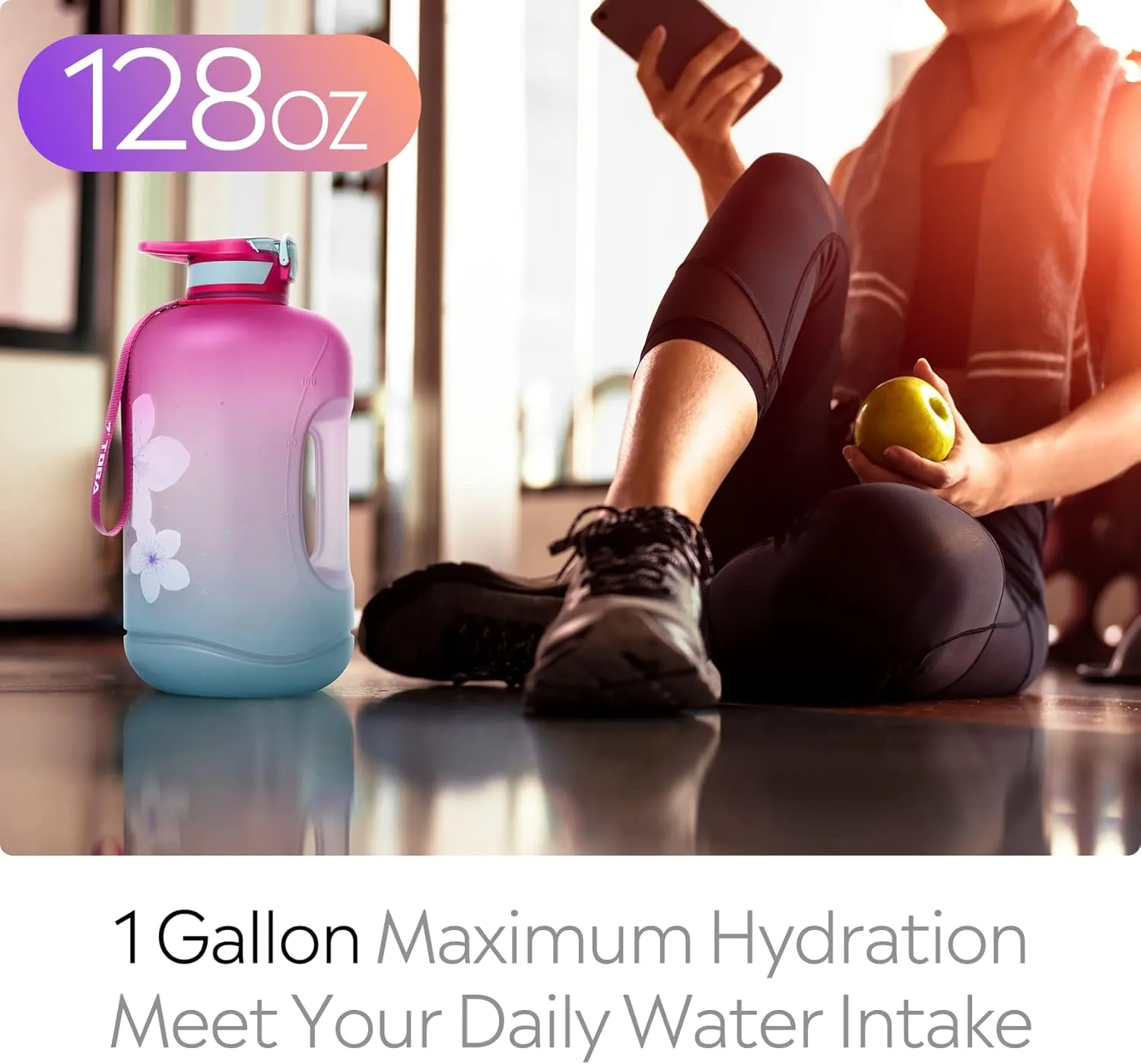 TOBA 1 Gallon Water Bottle -128 oz Motivational Water Bottle BPA Free Water Jug Large Sports Water Bottle Leakproof Drinking Bottle Women/Men for Fitness Gym Outdoor Activity, Green Flower