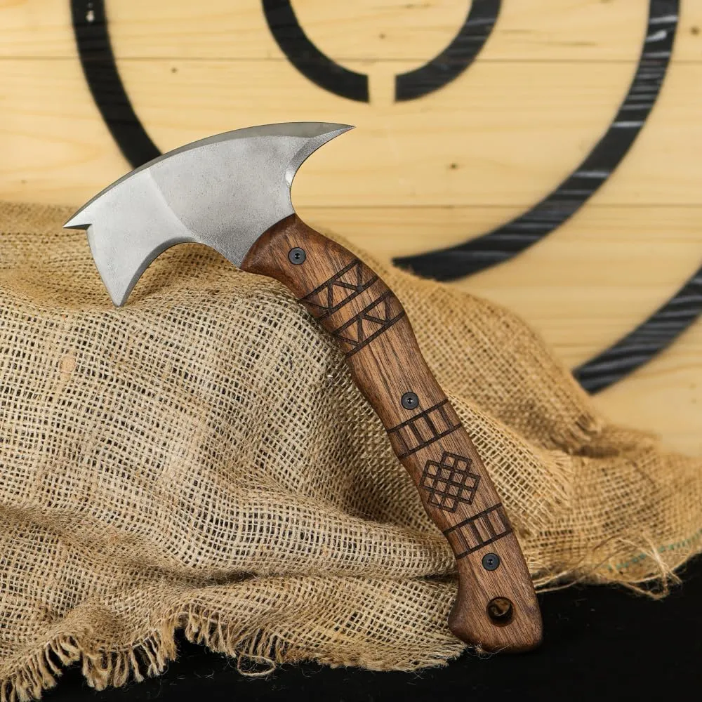 Tomahawk Axe - Handmade Tactical Tomahawk Hatchet - Full Tang Combat Axe for Military Camping and Outdoor Activities (Compact Three Spikes Walnut Handle Kydex Sheath)
