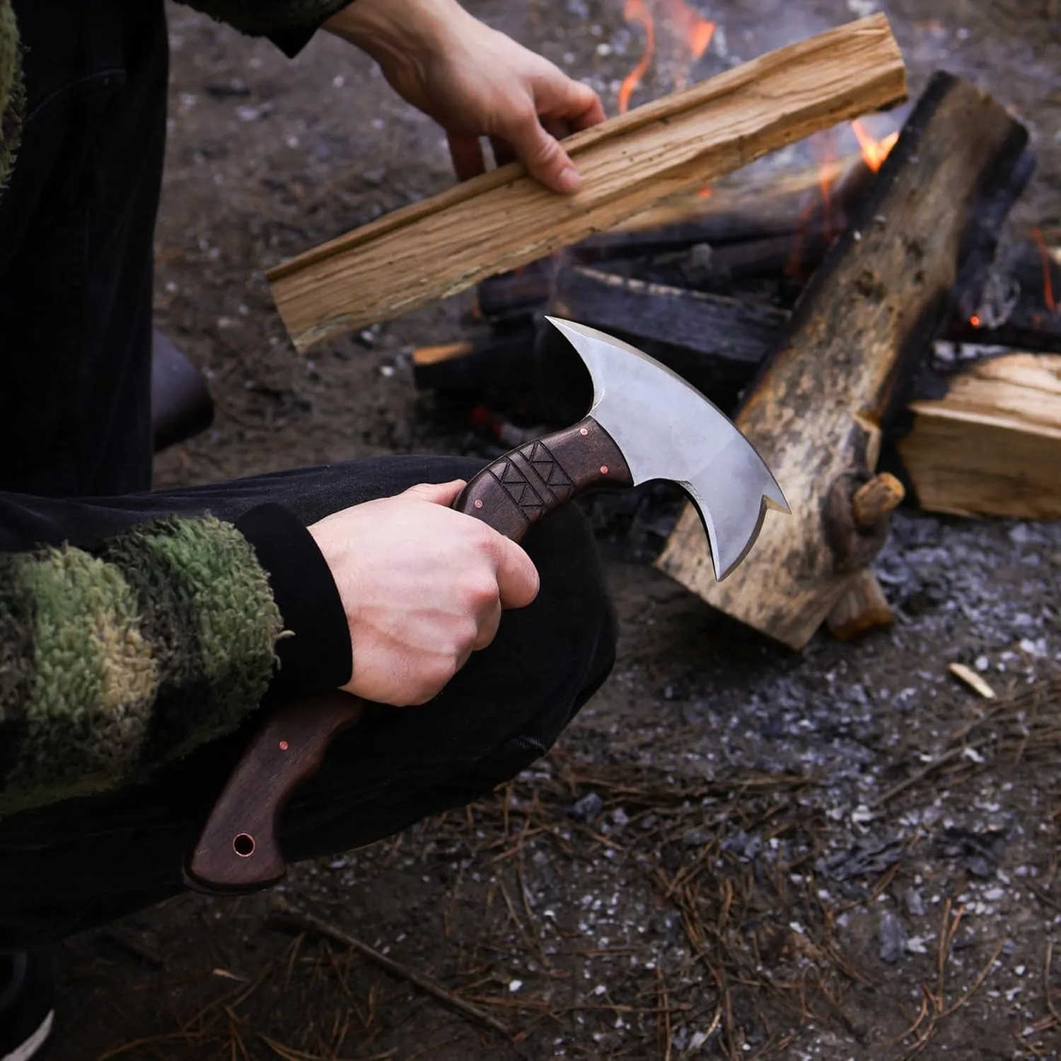 Tomahawk Axe - Tactical Tomahawk - Handmade Combat Axe Hatchet (13.77" Spikes Hawk with Tribal Engraving and Kydex Sheath)
