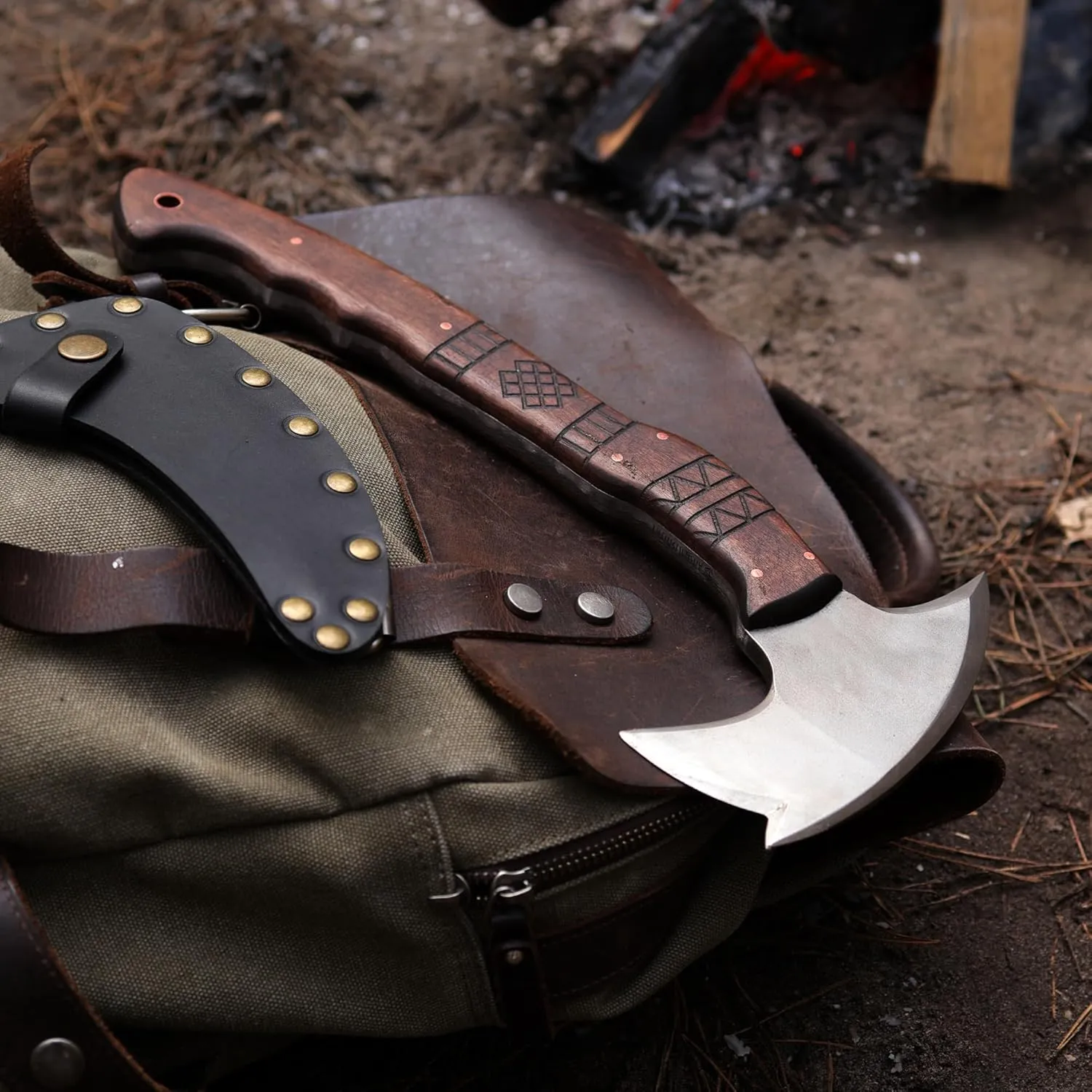 Tomahawk Axe - Tactical Tomahawk - Handmade Combat Axe Hatchet (13.77" Spikes Hawk with Tribal Engraving and Leather Sheath)