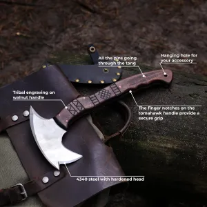 Tomahawk Axe - Tactical Tomahawk - Handmade Combat Axe Hatchet (13.77" Spikes Hawk with Tribal Engraving and Leather Sheath)