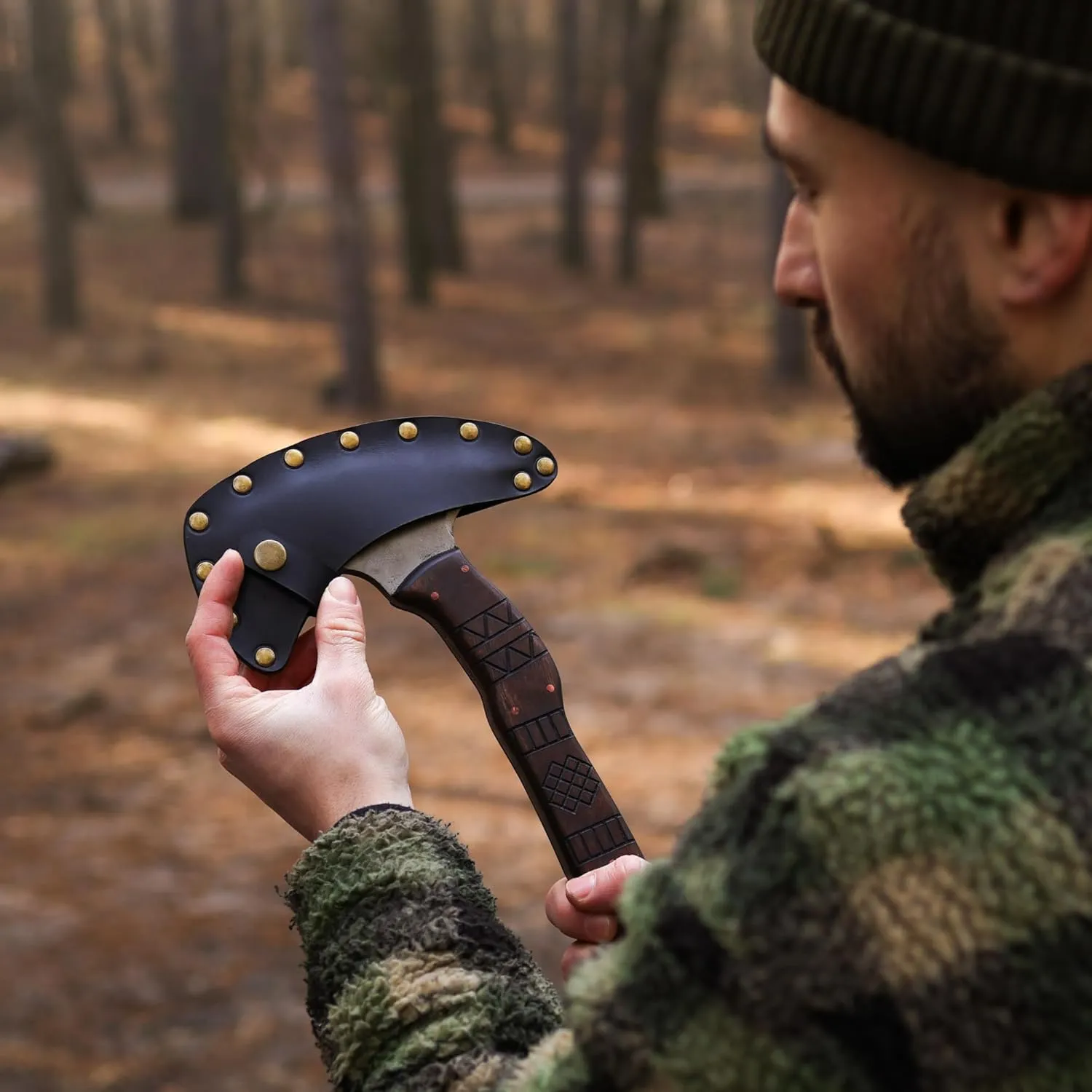 Tomahawk Axe - Tactical Tomahawk - Handmade Combat Axe Hatchet (13.77" Spikes Hawk with Tribal Engraving and Leather Sheath)
