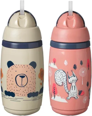Tommee Tippee Insulated Straw Bottle, 9oz, Spill Proof Toddler Water Bottle For 12 Months , Flip Lid Helps Keep Straw Clean, Pink and Grey, 2 Count