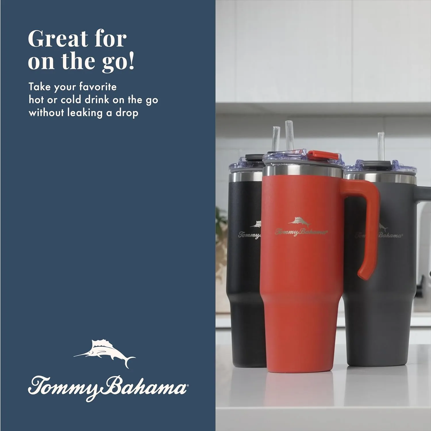 Tommy Bahama Vacuum Insulated Water Bottle with Straw - Double-Wall Stainless Steel, BPA Free, Keep Drinks Warm for 6 Hours or Cold for 12 Hours - Black, 30oz
