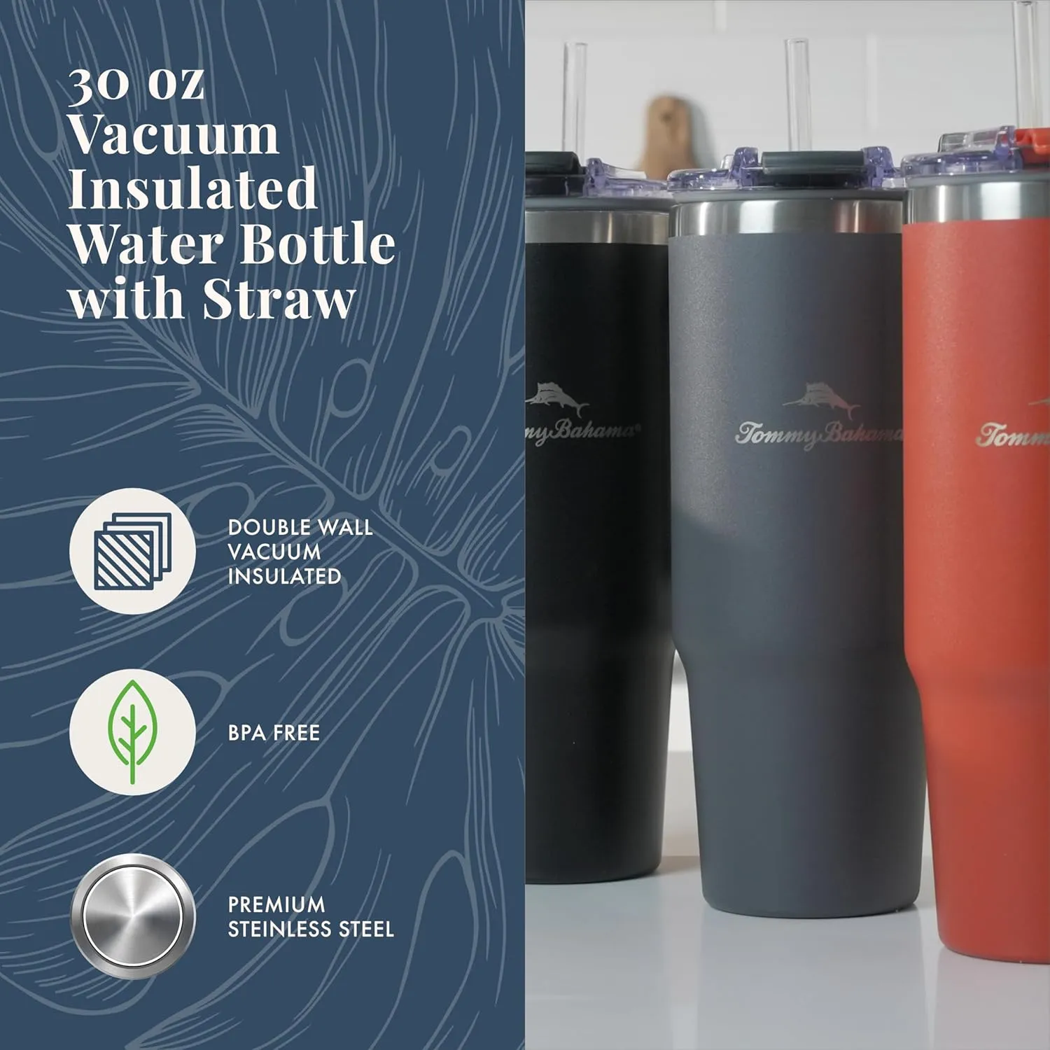Tommy Bahama Vacuum Insulated Water Bottle with Straw - Double-Wall Stainless Steel, BPA Free, Keep Drinks Warm for 6 Hours or Cold for 12 Hours - Black, 30oz