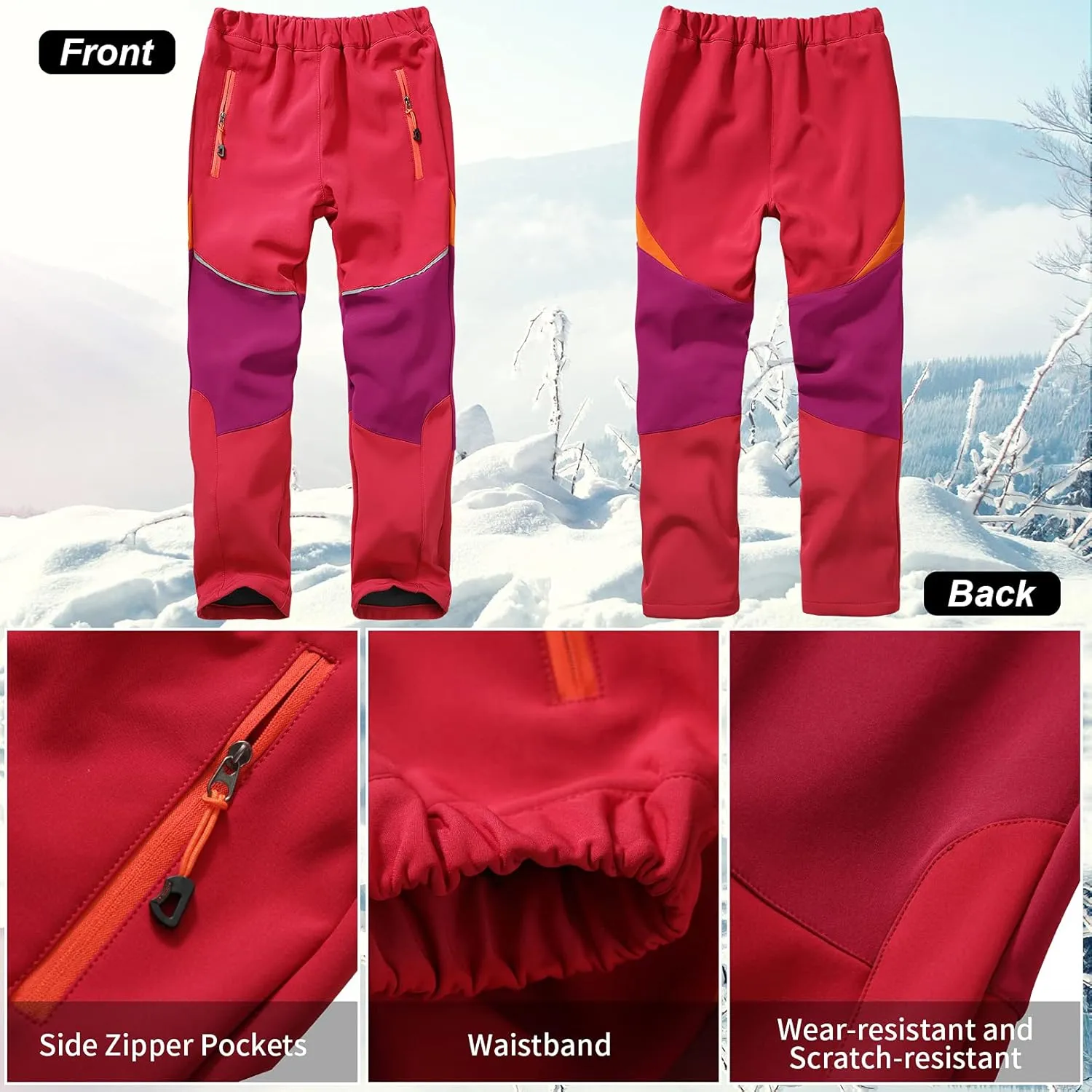 Toomett Boys snow cargo pants, Girls Kids Outdoor Fleece-Lined Soft Shell Hiking Fishing ski Insulated Pants