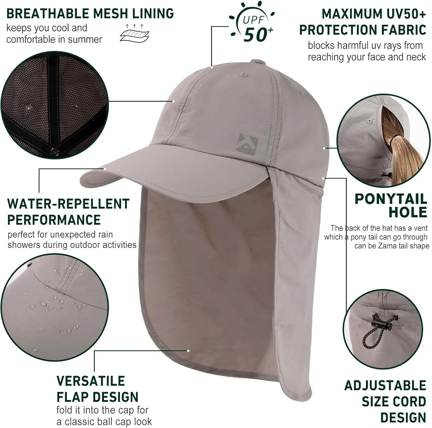 TOP-EX L/XL Sun Hats for Women Ponytail Baseball Cap with Neck Flap UPF50 Summer Hiking Gardening Hat Waterproof