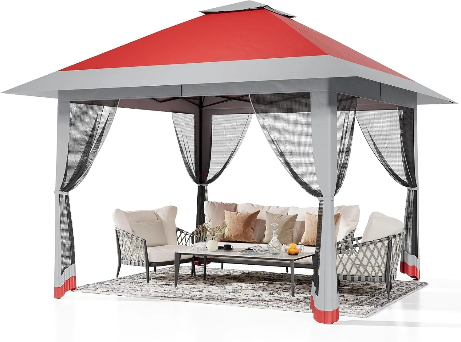 TrailBlaze 13x13 Canopy Tent, Pop Up Gazebo Tent with Mesh Cover, Outoor Canopy Tents with 4 Sandbags & Wheeled Bag, Large Shade Tents for Camping, Lawn, Backyard, Garden, Patio (Red Light Grey)