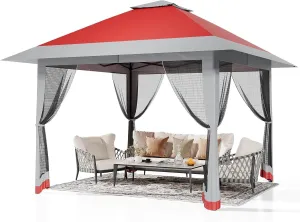 TrailBlaze 13x13 Canopy Tent, Pop Up Gazebo Tent with Mesh Cover, Outoor Canopy Tents with 4 Sandbags & Wheeled Bag, Large Shade Tents for Camping, Lawn, Backyard, Garden, Patio (Red Light Grey)