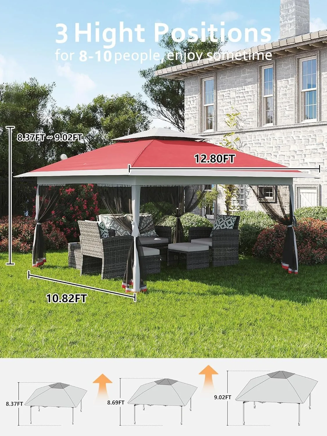 TrailBlaze 13x13 Canopy Tent, Pop Up Gazebo Tent with Mesh Cover, Outoor Canopy Tents with 4 Sandbags & Wheeled Bag, Large Shade Tents for Camping, Lawn, Backyard, Garden, Patio (Red Light Grey)
