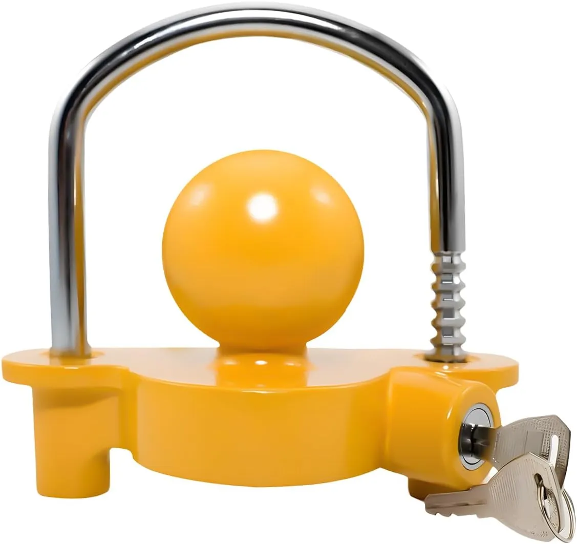 Trailer Coupler Lock, Adjustable Heavy Duty Ball Tow Hitch Locking with 2 Keys, Anti Theft Security Caravans Tongue Locker, Compatible with 1-7/8", 2", 2-5/16" Coupler (Yellow)