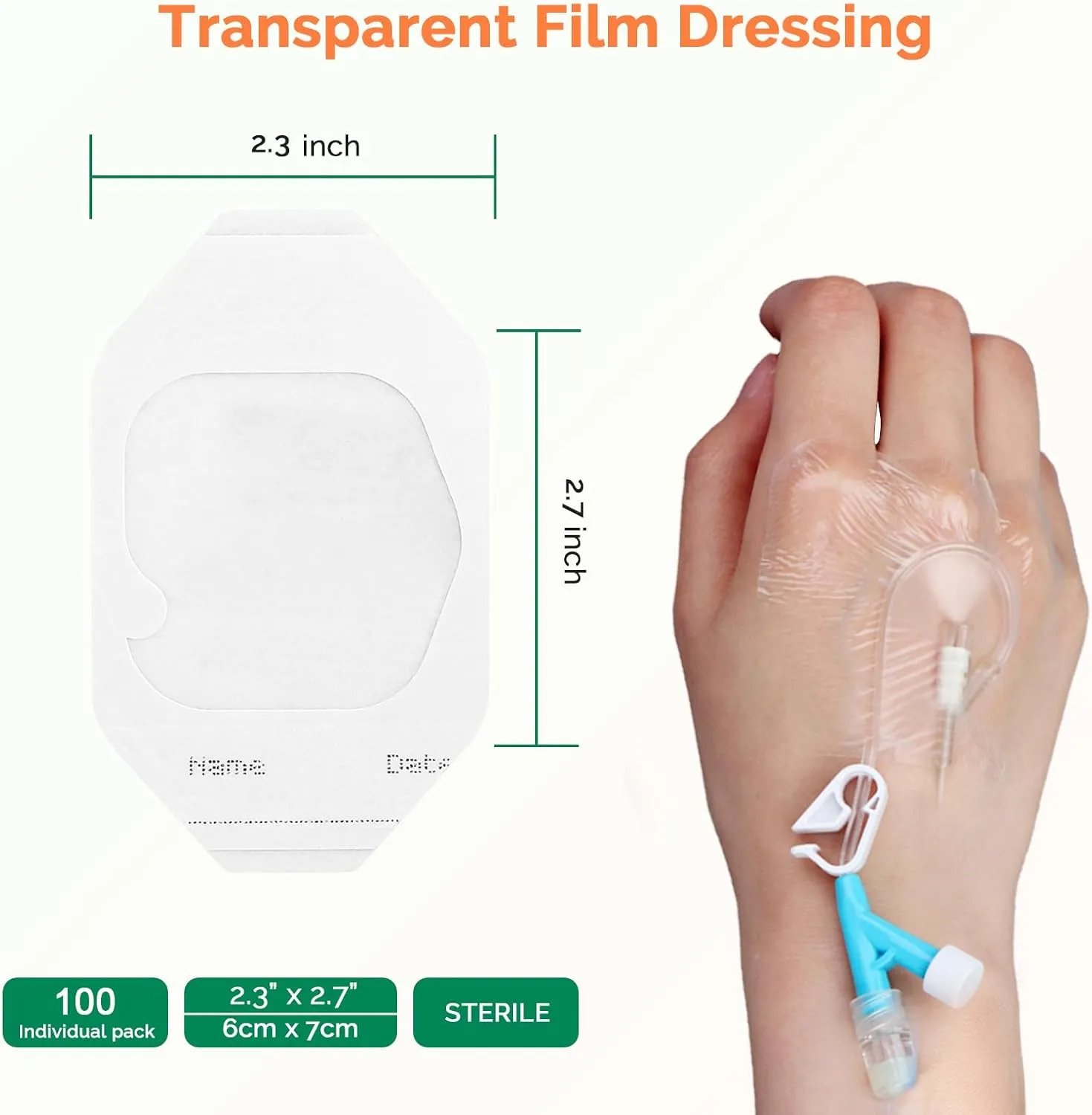 Transparent Film Dressing 100 Packs 2.4'' x 2.7'' Waterproof Adhesive Patch Breathable Wound Cover Bandage Comfortable Tattoo Aftercare Bandage Adhesive Clear Bandages for IV Shield
