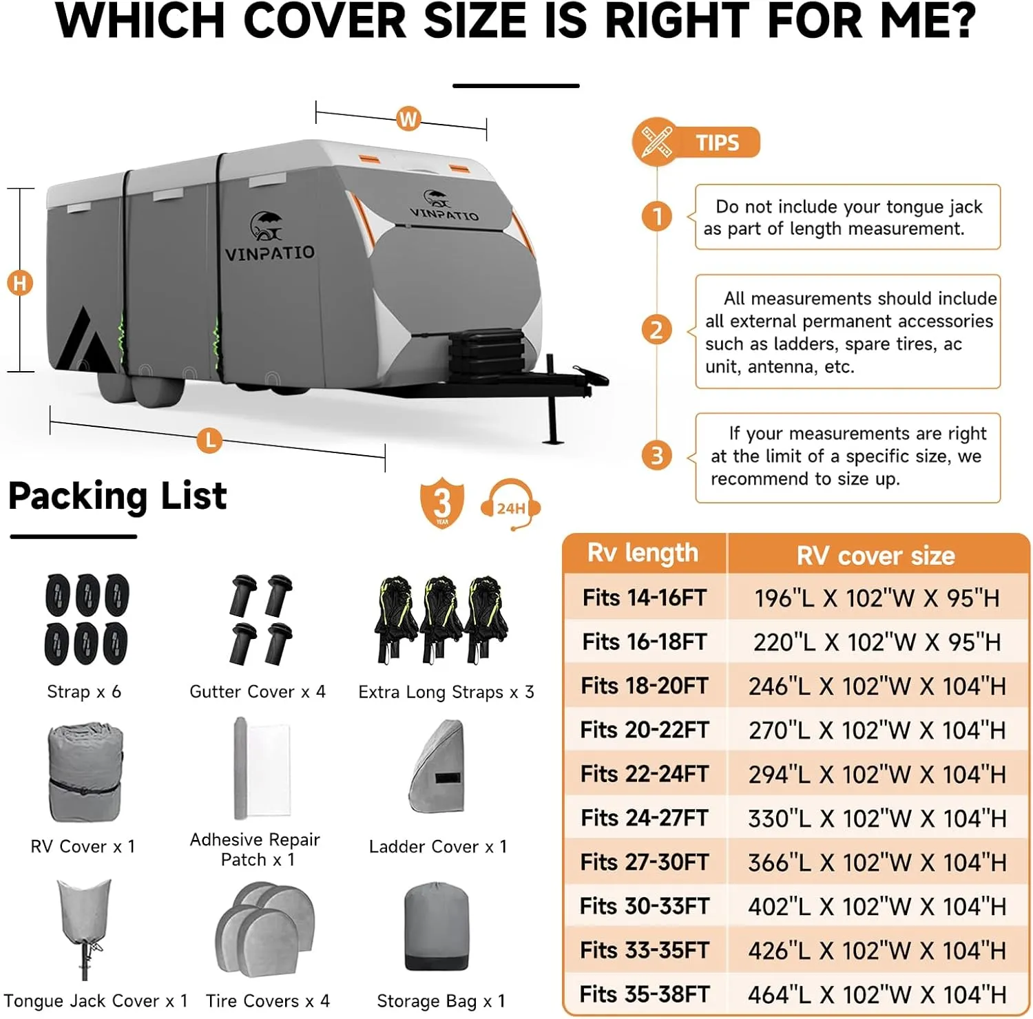 Travel Trailer RV Cover: 7 Layers Heavy Duty RV & Trailer Cover, Toy Hauler Cover Fits 22'-24' RV Camper Cover with 4 Tire Covers, Extra Windproof Straps, Tongue Jack Cover, Gutter Covers