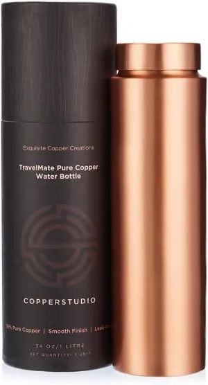 TravelMate Pure Copper Water Bottle- 1 litre/34 oz, Leak Proof cap seal, wide mouth, Smooth finish & straight design, Lacquer coated for shine, Yoga Bottle