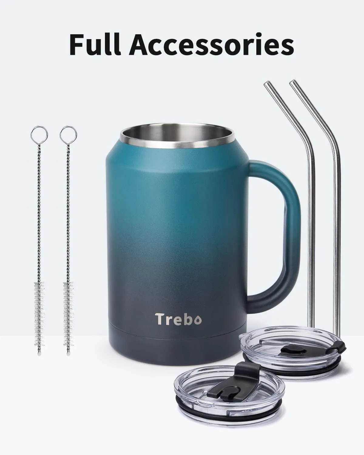 Trebo 32 oz Mug Tumbler with Handle,Stainless Steel Coffee Cup,Double Wall Vacuum Insulated Bottle with 2 Lids 2 Straws, Reusable Travel Flask Keeps Cold for 36 Hrs/Hot for 24 Hrs,Blue Indigo/Black
