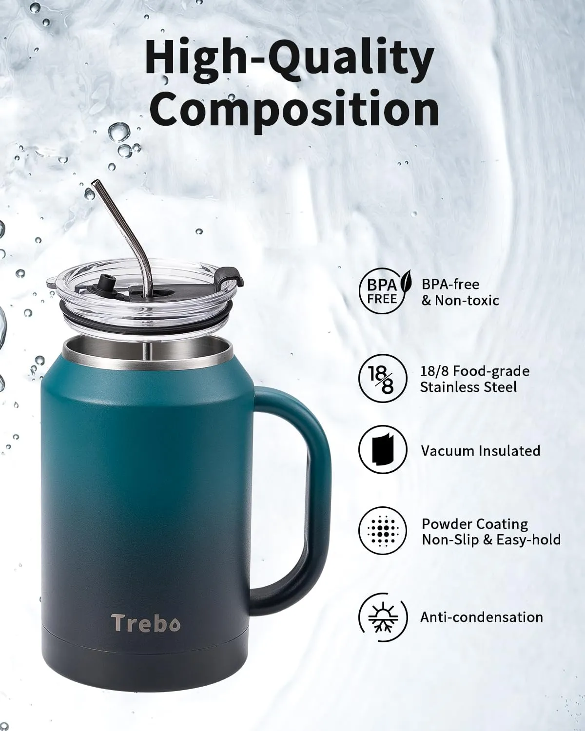 Trebo 32 oz Mug Tumbler with Handle,Stainless Steel Coffee Cup,Double Wall Vacuum Insulated Bottle with 2 Lids 2 Straws, Reusable Travel Flask Keeps Cold for 36 Hrs/Hot for 24 Hrs,Blue Indigo/Black