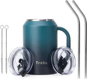 Trebo 32 oz Mug Tumbler with Handle,Stainless Steel Coffee Cup,Double Wall Vacuum Insulated Bottle with 2 Lids 2 Straws, Reusable Travel Flask Keeps Cold for 36 Hrs/Hot for 24 Hrs,Blue Indigo/Black
