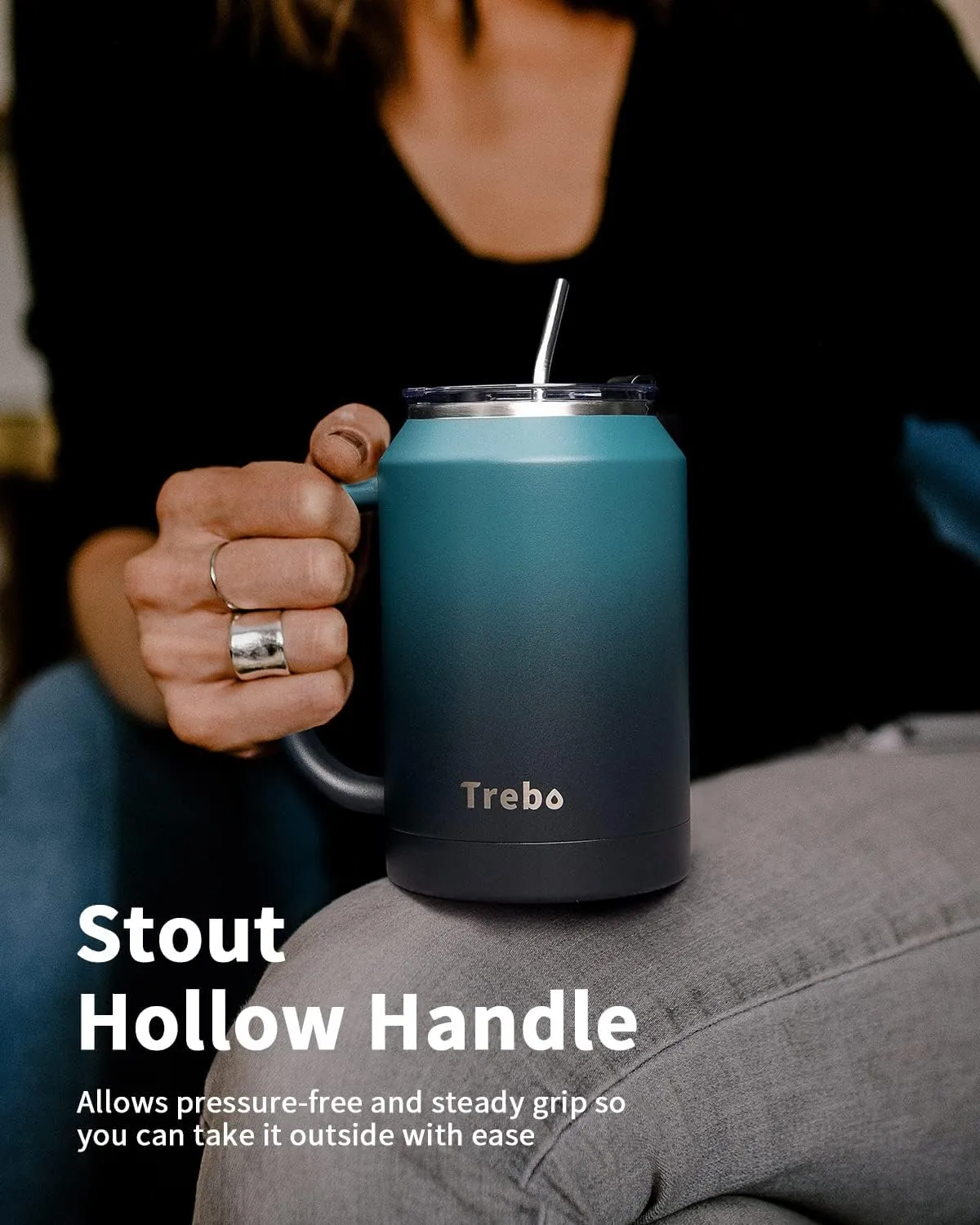 Trebo 32 oz Mug Tumbler with Handle,Stainless Steel Coffee Cup,Double Wall Vacuum Insulated Bottle with 2 Lids 2 Straws, Reusable Travel Flask Keeps Cold for 36 Hrs/Hot for 24 Hrs,Blue Indigo/Black