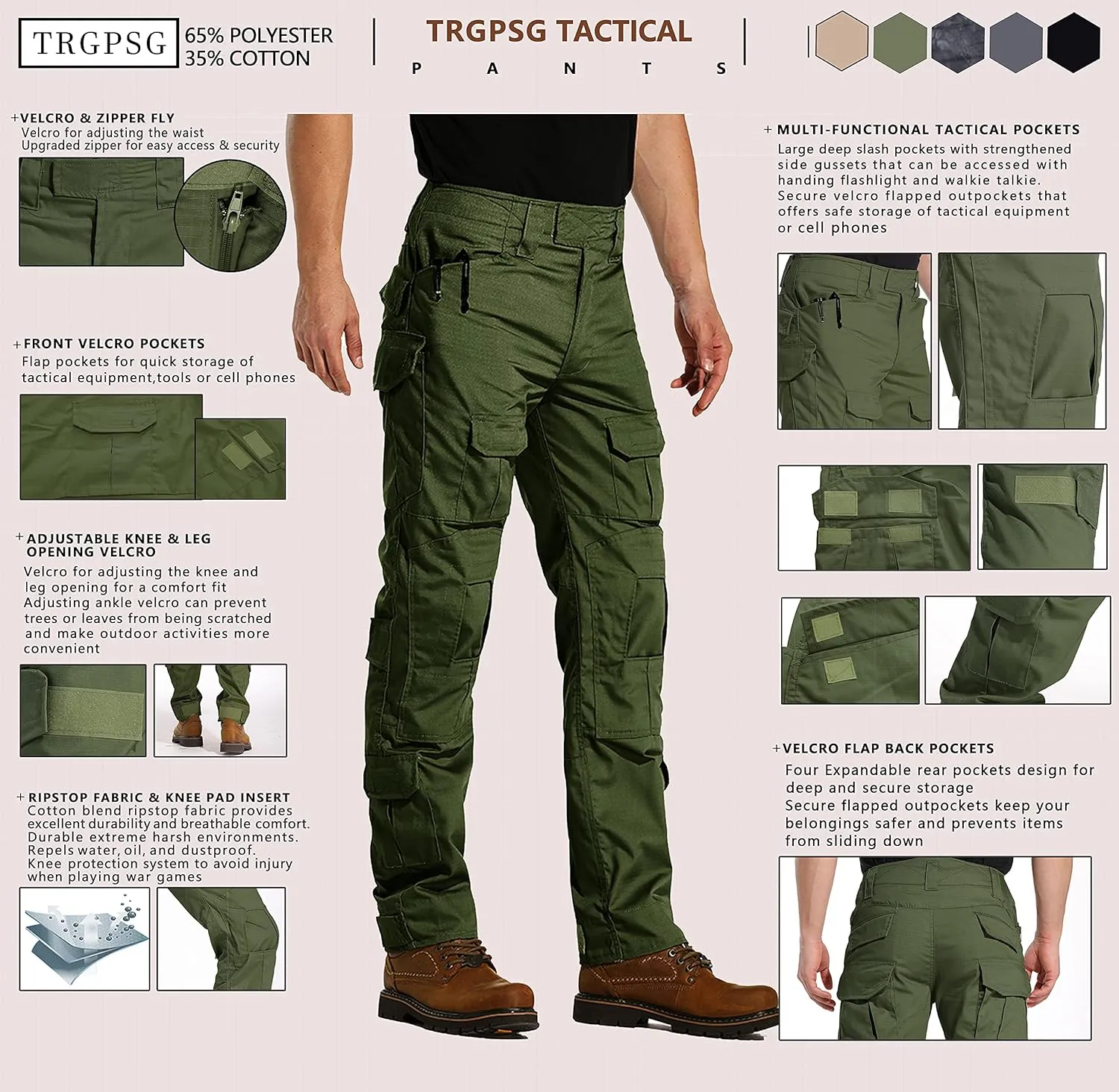 TRGPSG Men's Hiking Pants, Ripstop Camo Cargo Pants, Multi-Pocket Casual Work Pants