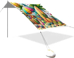 Tropical Exotic Fruits Cocktail Beach Tent Sun Shelter Set, UPF50  UV Protection 10.5 x 9.19 FT Camping Shade Canopy with Sandbags, Sand Anchors, Carrying Bag, and Others