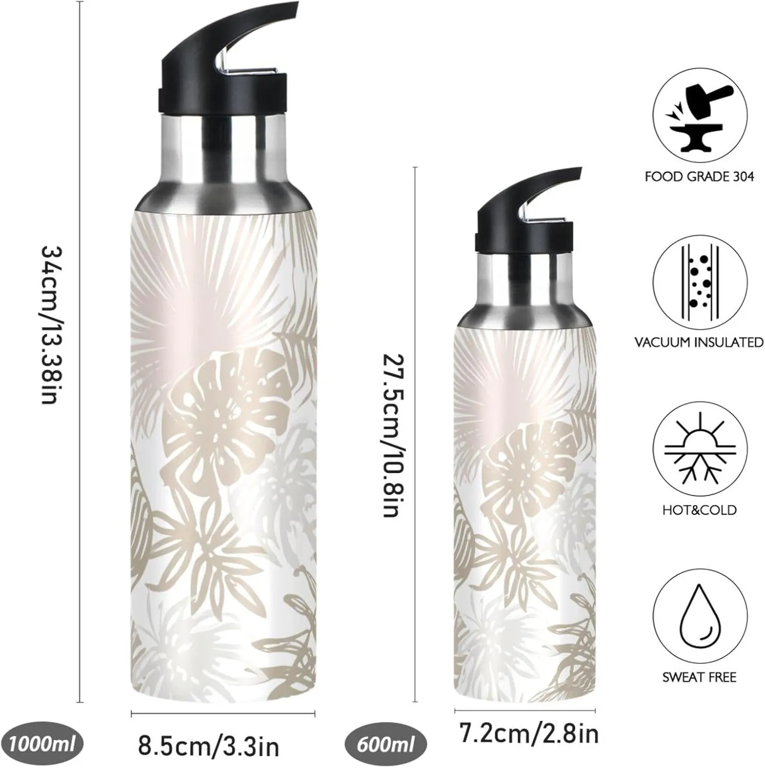 Tropical Leaf Sports Water Bottle with Straw, 22oz BPA Free Stainless Steel Vacuum Insulated Bottle for Gym Fitness Outdoor