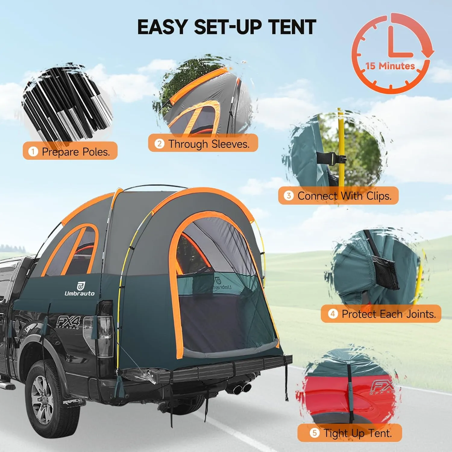 Truck Bed Tent 5.5-6ft: Easy Set Up Umburato Pickup Truck Tents for Camping, Waterproof PU3000mm Canopy for Truck Camper, Portable, Spacious for 2 Person Green