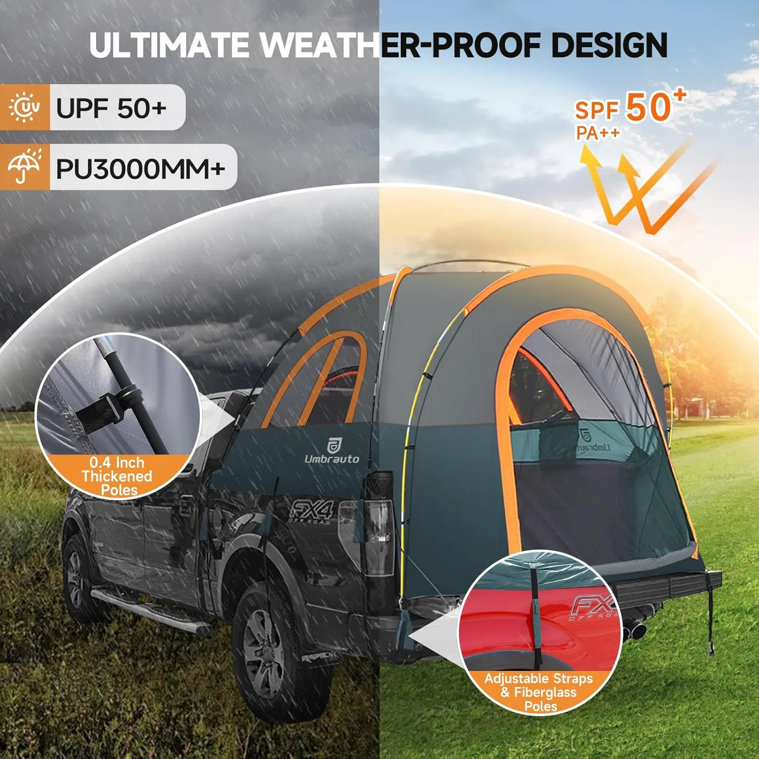 Truck Bed Tent 5.5-6ft: Easy Set Up Umburato Pickup Truck Tents for Camping, Waterproof PU3000mm Canopy for Truck Camper, Portable, Spacious for 2 Person Green