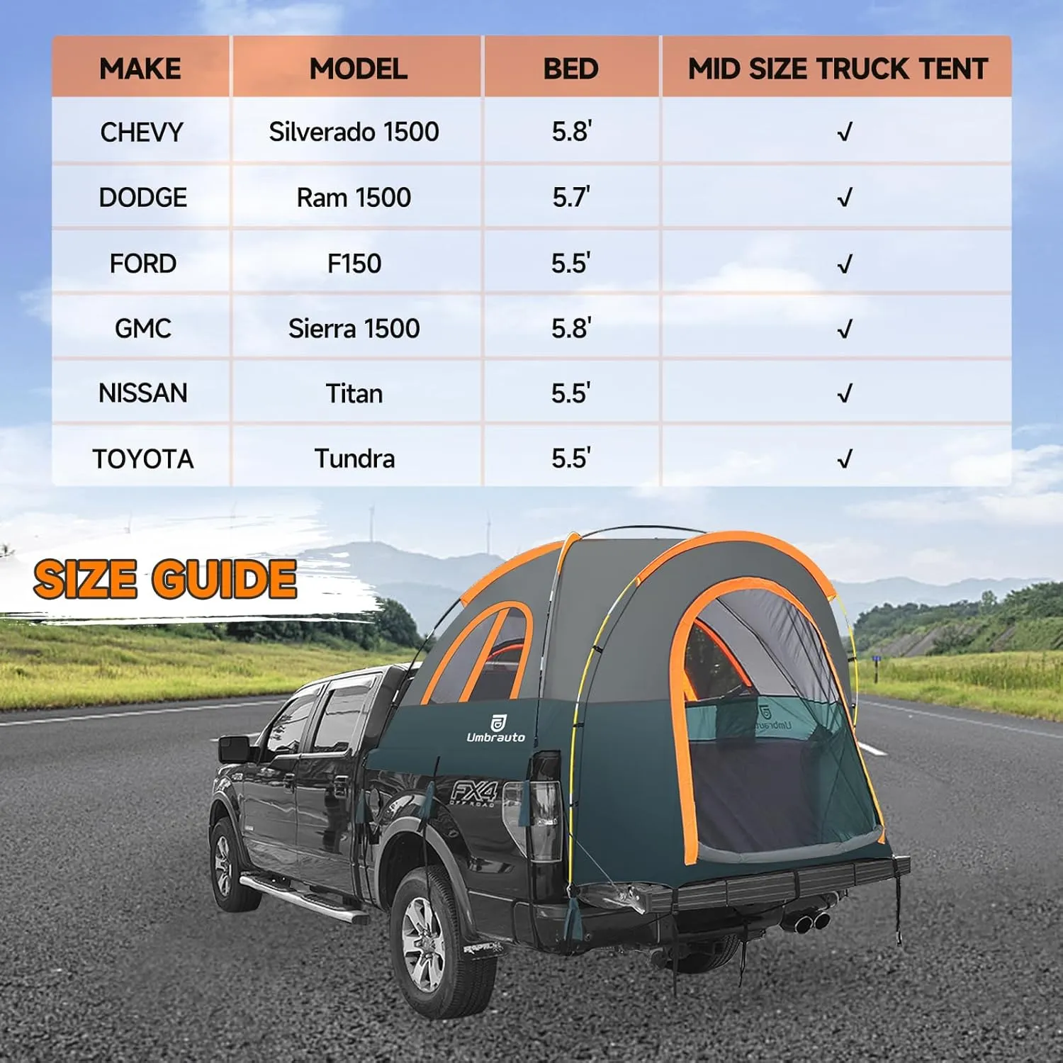 Truck Bed Tent 5.5-6ft: Easy Set Up Umburato Pickup Truck Tents for Camping, Waterproof PU3000mm Canopy for Truck Camper, Portable, Spacious for 2 Person Green