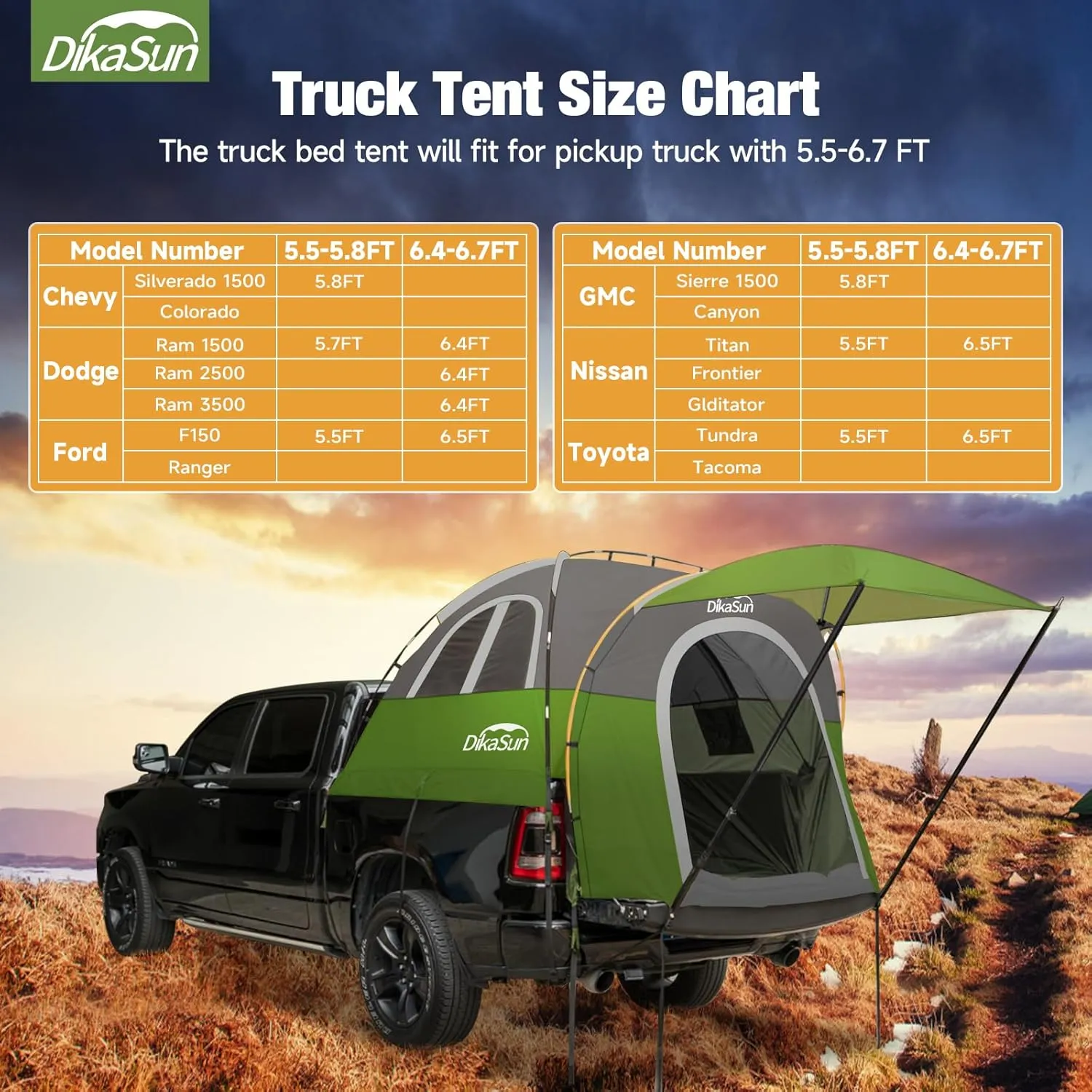 Truck Bed Tent, Double Layer Truck Tent 6.4-6.7 Ft, Waterproof PU3000mm Tear-Resistant Pickup Tent for 2 Person Camping and Outdoor with Awning
