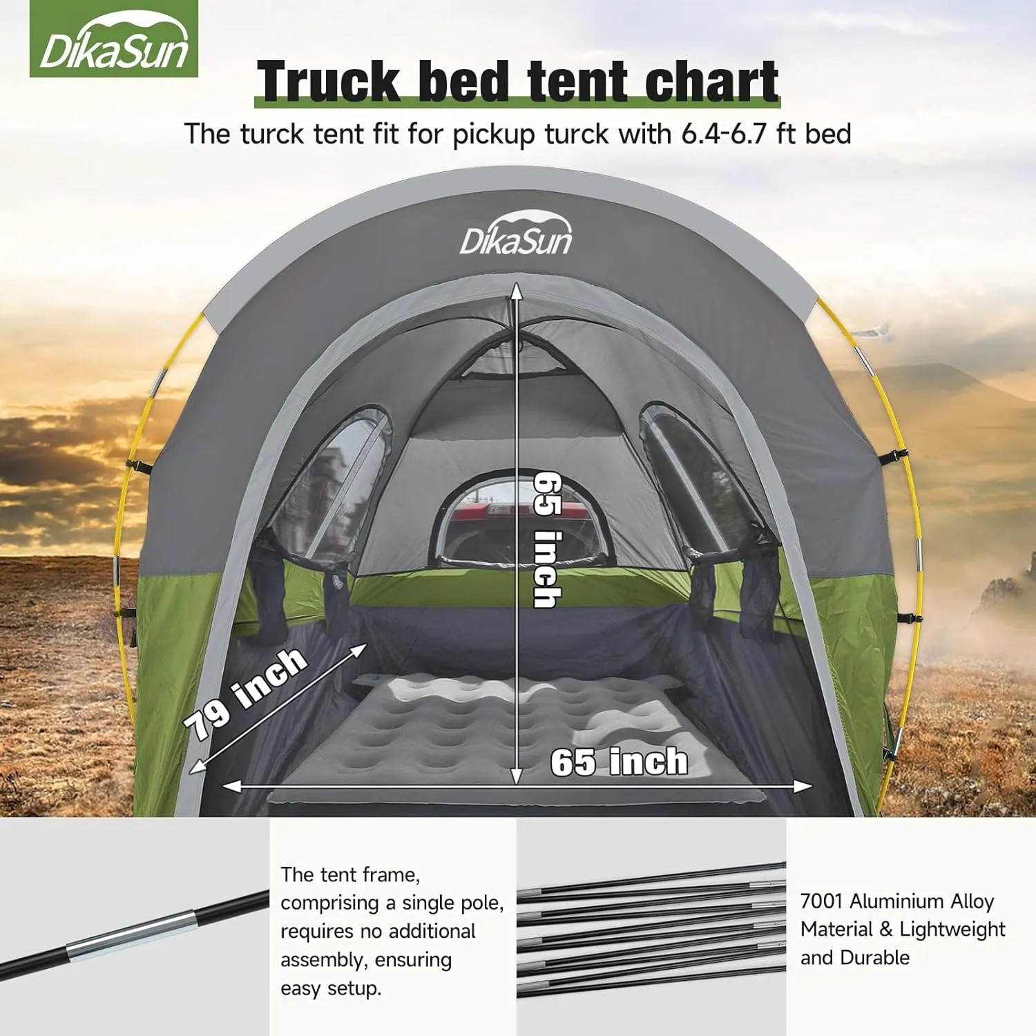 Truck Bed Tent, Double Layer Truck Tent 6.4-6.7 Ft, Waterproof PU3000mm Tear-Resistant Pickup Tent for 2 Person Camping and Outdoor with Awning
