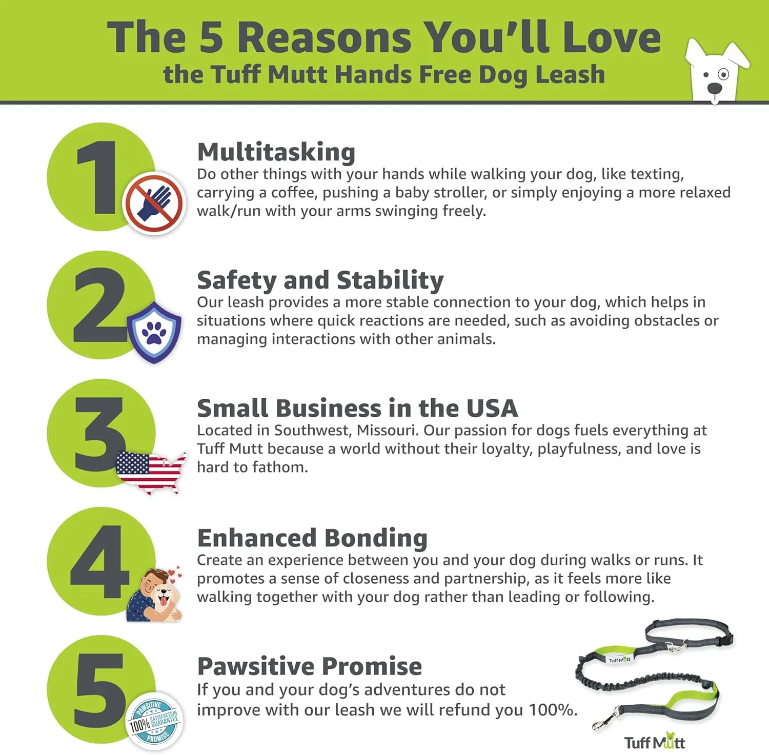 Tuff Mutt Hands-Free Waist Leash for Dog Walking, Running and Hiking, Adjustable Belt with Double Handle, Reflective Bungee Design for Large & Medium Dogs