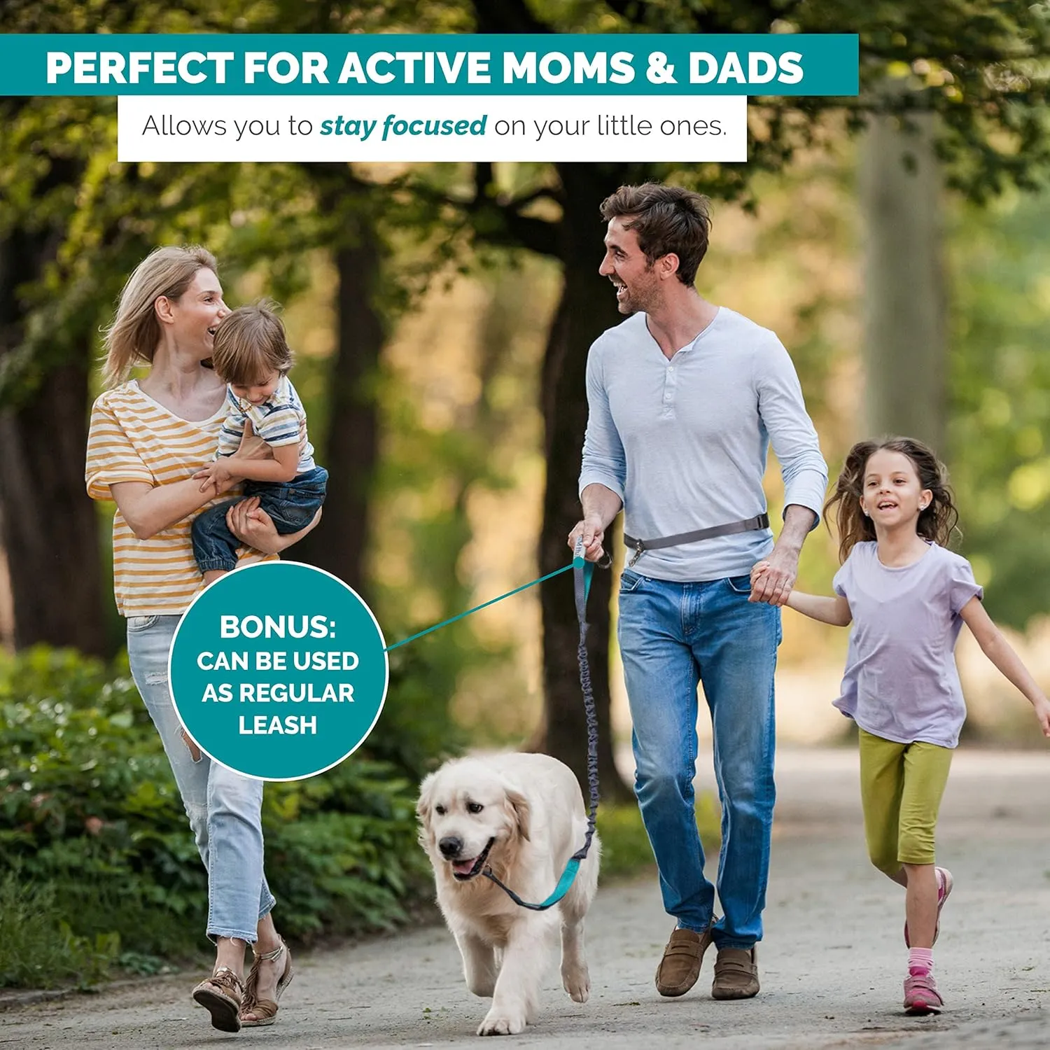 Tuff Mutt Hands-Free Waist Leash for Dog Walking, Running and Hiking, Adjustable Belt with Double Handle, Reflective Bungee Design for Large & Medium Dogs