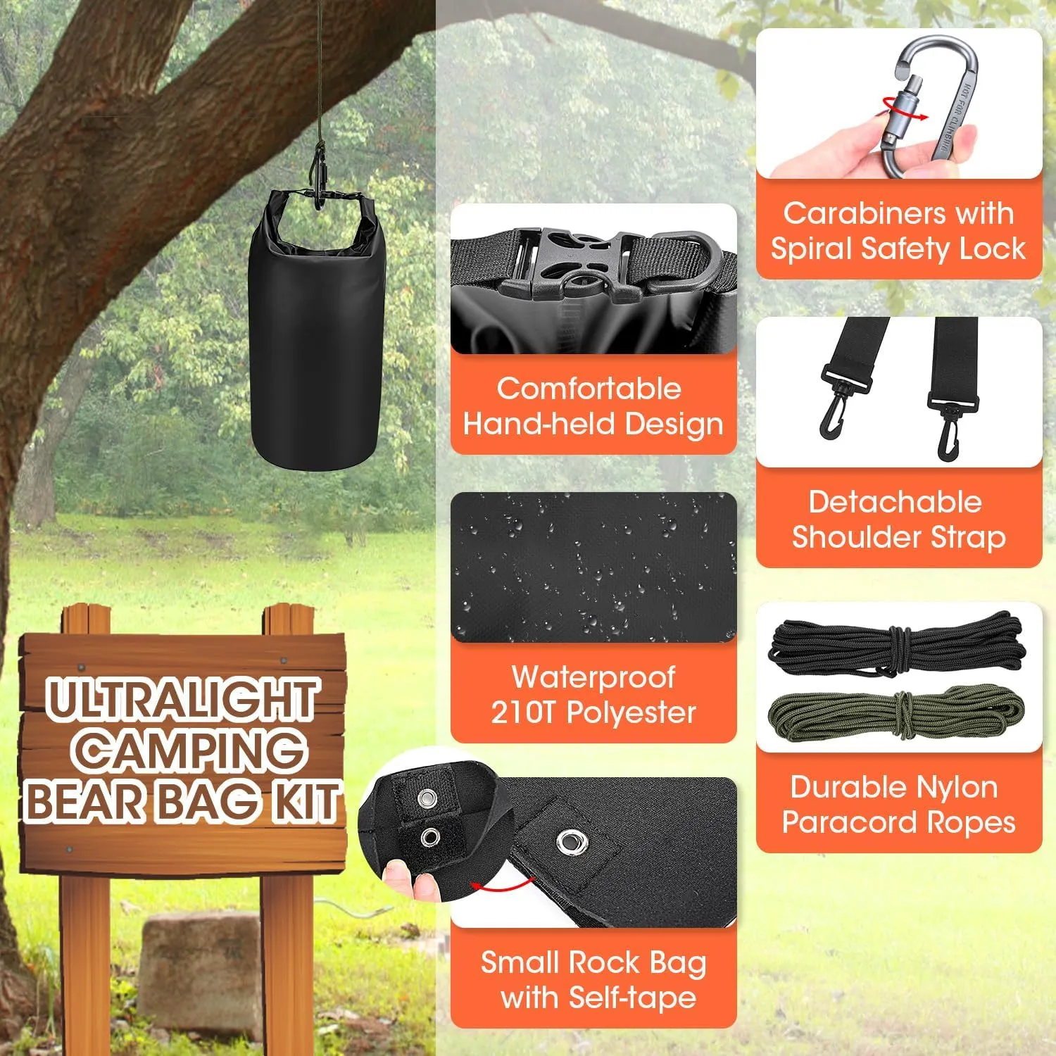Ultralight Bear Food Bag Hanging System, 2Pack 10L Waterproof Camping Bear Proof Food Storage Bags Bear Canister Gear Kit for Outdoor Backpacking Safety Survival Bear Protection Bag with Pulley System