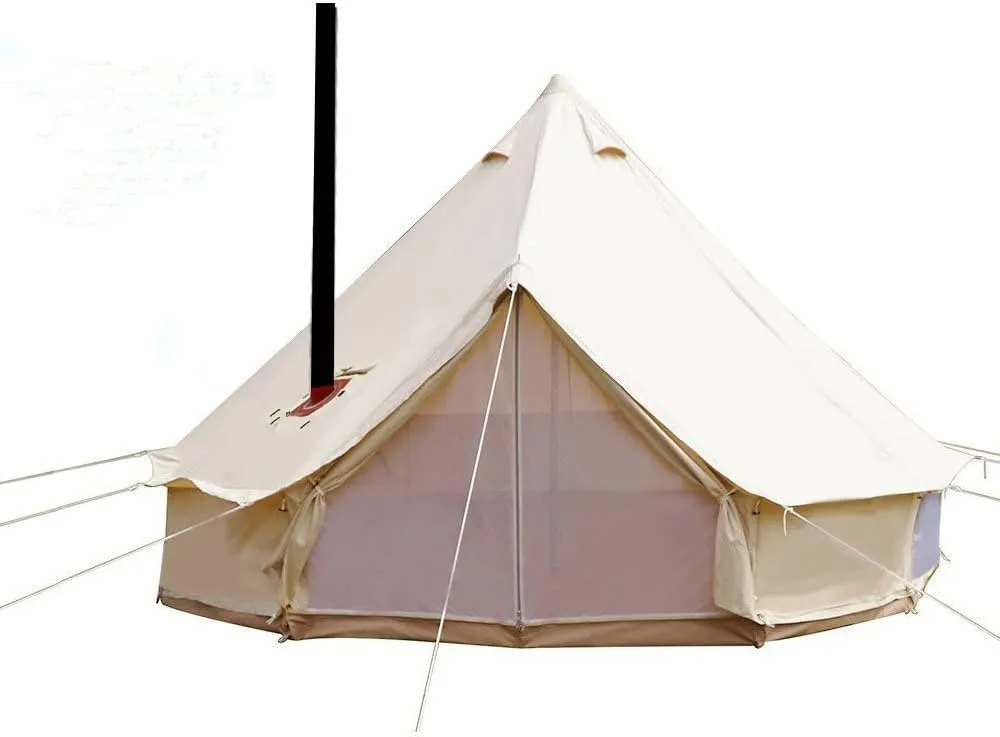 UNISTRENGH 4 Season Large Waterproof Cotton Canvas Bell Tent Beige Glamping Tent with Roof Stove Jack Hole for Camping Hiking Christmas Party
