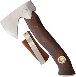 Unna Aksu Hunter's Axe Hatchet 8.75" Overall, Brown Oiled Curly Birch Handle, Leather Sheath - 3639