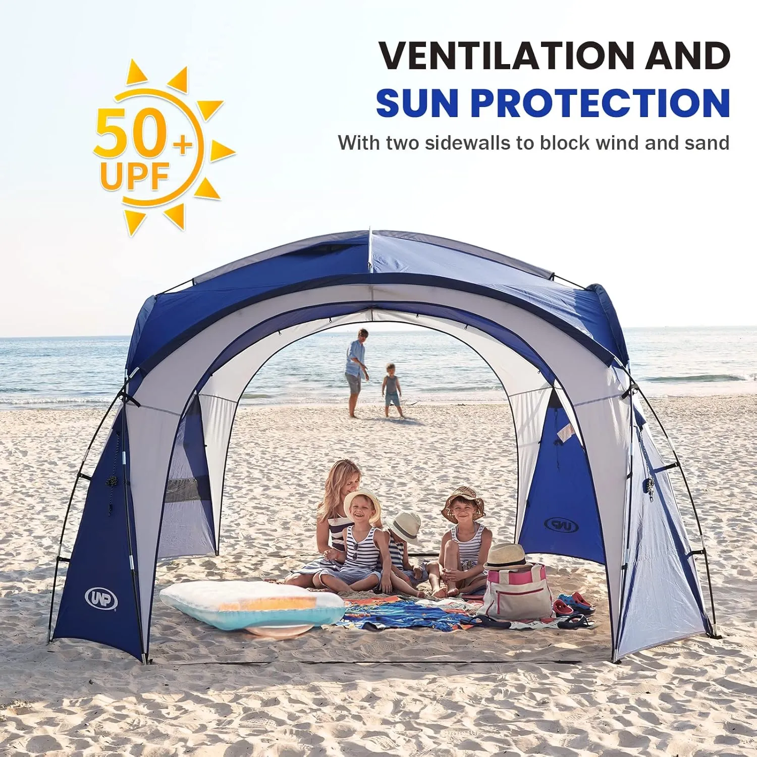 UNP Easy Beach Tent Pop Up Canopy UPF50  Tent with Side Wall, Ground Pegs, and Stability Poles, Sun Shelter Rainproof, Waterproof for Camping Trips, Backyard Fun, Party Or Picnics