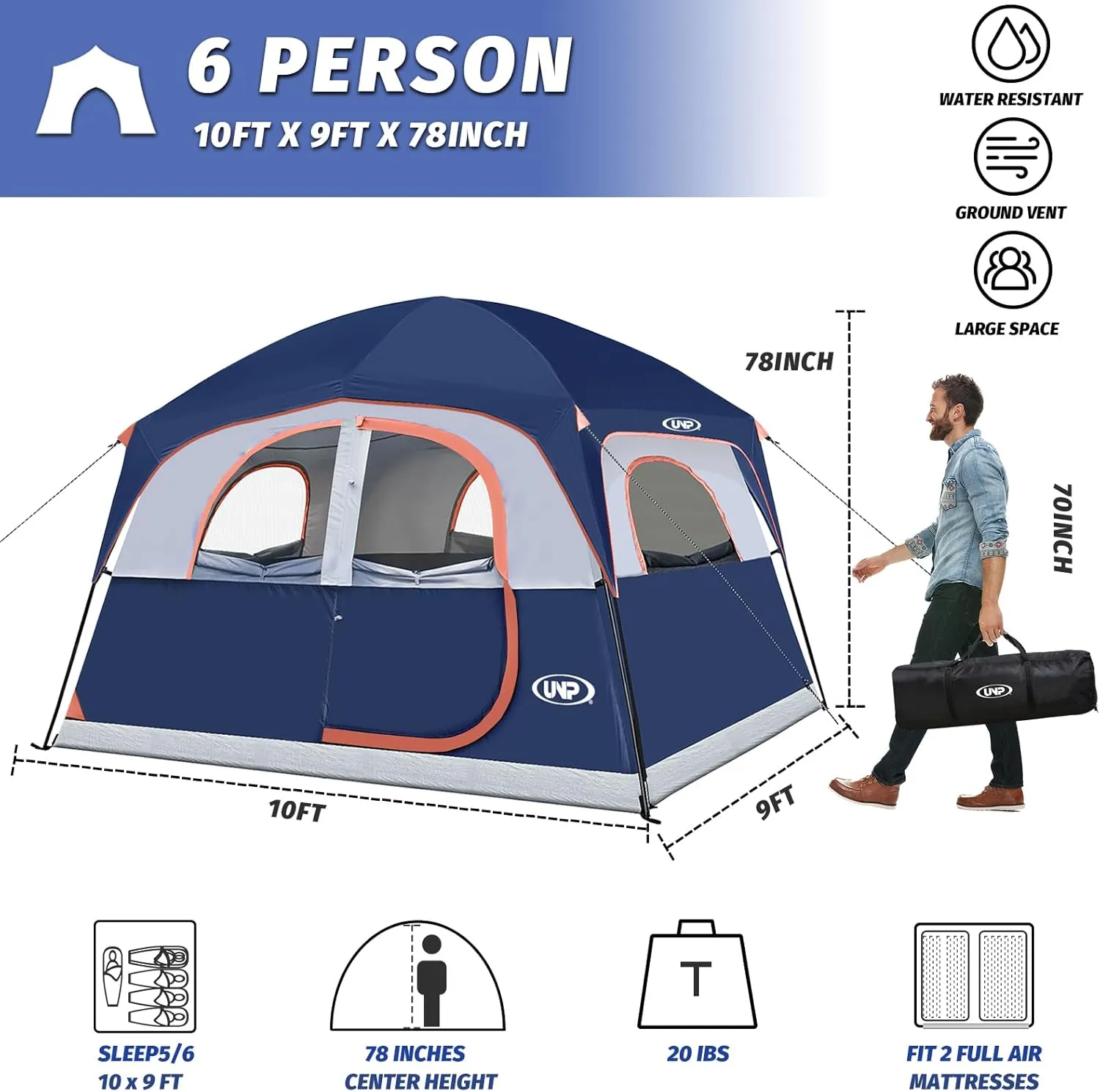 UNP Tents 6 Person Waterproof Windproof Easy Setup,Double Layer Family Camping Tent with 1 Mesh Door & 5 Large Mesh Windows -10'X9'X78in(H)