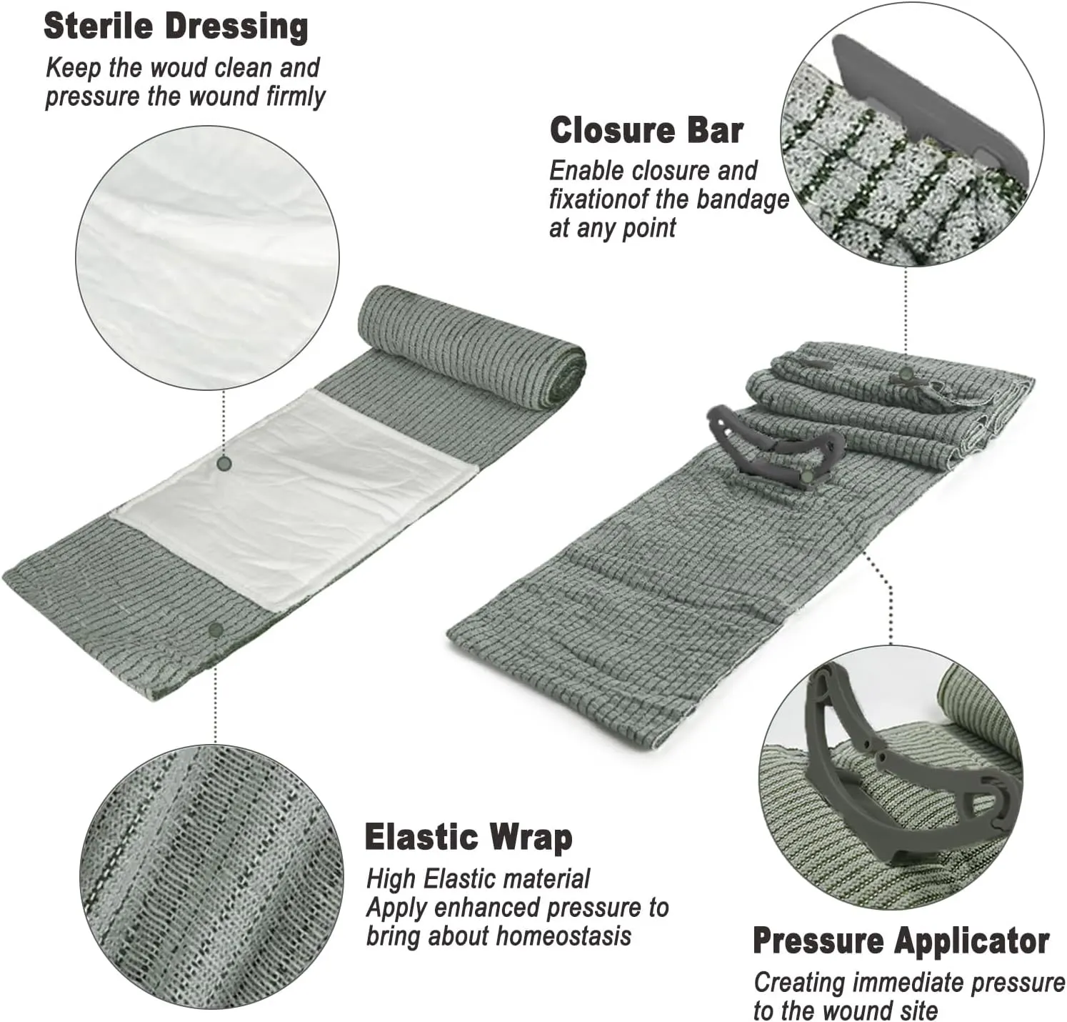 Upgrade Israeli Style Emergency Bandage, 5Pack 6 Inch Compression Bandage for Emergency Wound Dressing, First Aid and IFAK Trauma Military (6Inch-5Pcs)