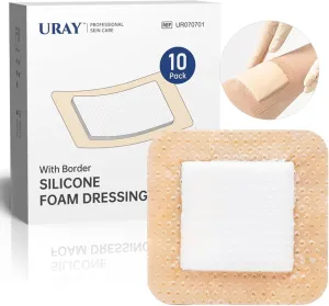 URAY Silicone Foam Dressing with Border, 10 Pack Gentle Adhesive 3"x3" Waterproof Wound Dressing Bandage for Wounds, Highly Absorbent Silicone Bandages, Bed Sore Bandages, First Aid Bandage