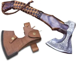 (VALHALA 19) Custom Gift Hand Forged Viking Axe- Carbon Steel Camping Axe with Rose Wood Shaft - Viking Gifts for Men, Bearded Camping Axe 19"