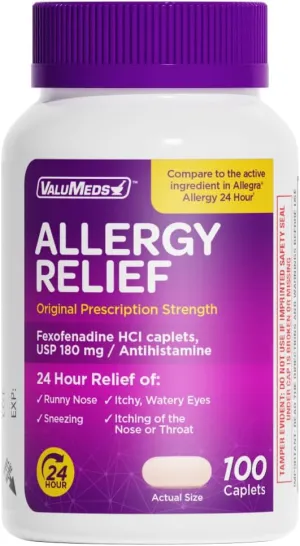 ValuMeds 100-Count Allergy Medicine Tablets | Fexofenadine HCl | Non-Drowsy Antihistamine for Hay Fever, Itchy Eyes | for Kids, Adults