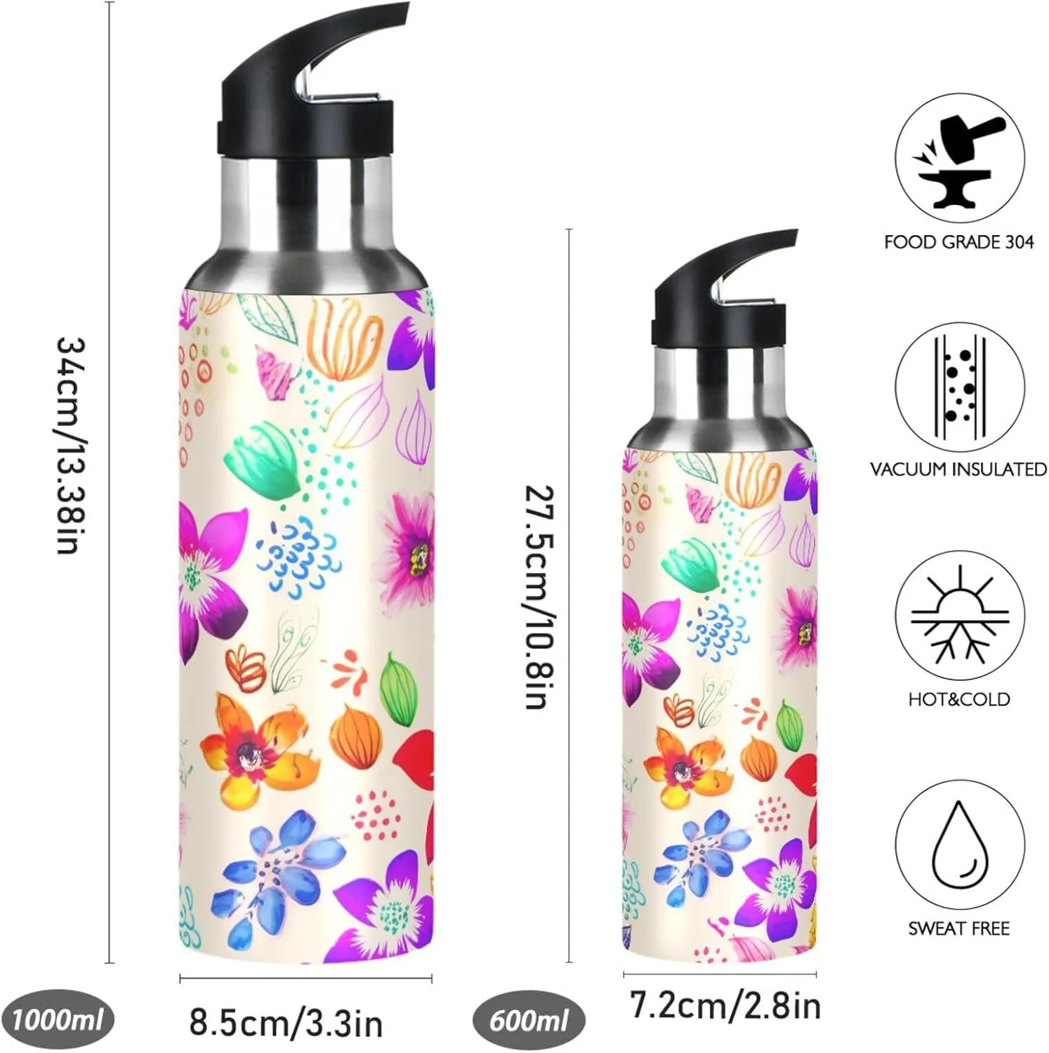 Various Flowers Sports Water Bottle with Straw, 22oz BPA Free Stainless Steel Vacuum Insulated Bottle for Gym Fitness Outdoor