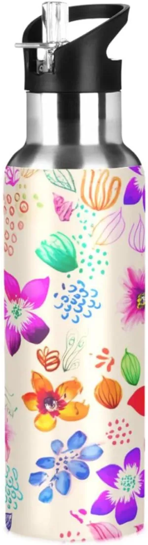 Various Flowers Sports Water Bottle with Straw, 22oz BPA Free Stainless Steel Vacuum Insulated Bottle for Gym Fitness Outdoor