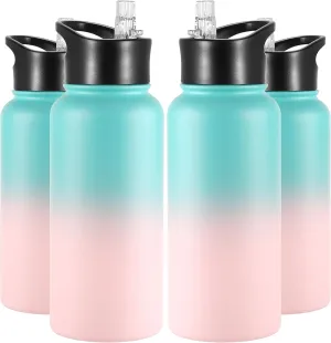 VEGOND 32 oz Insulated Water Bottle Bulk Stainless Steel Metal Water Bottles with Leak Proof Straw Lid & Spout Lid, Wide Mouth Double Walled Vacuum Travel Sports Bottle, 4 Pack