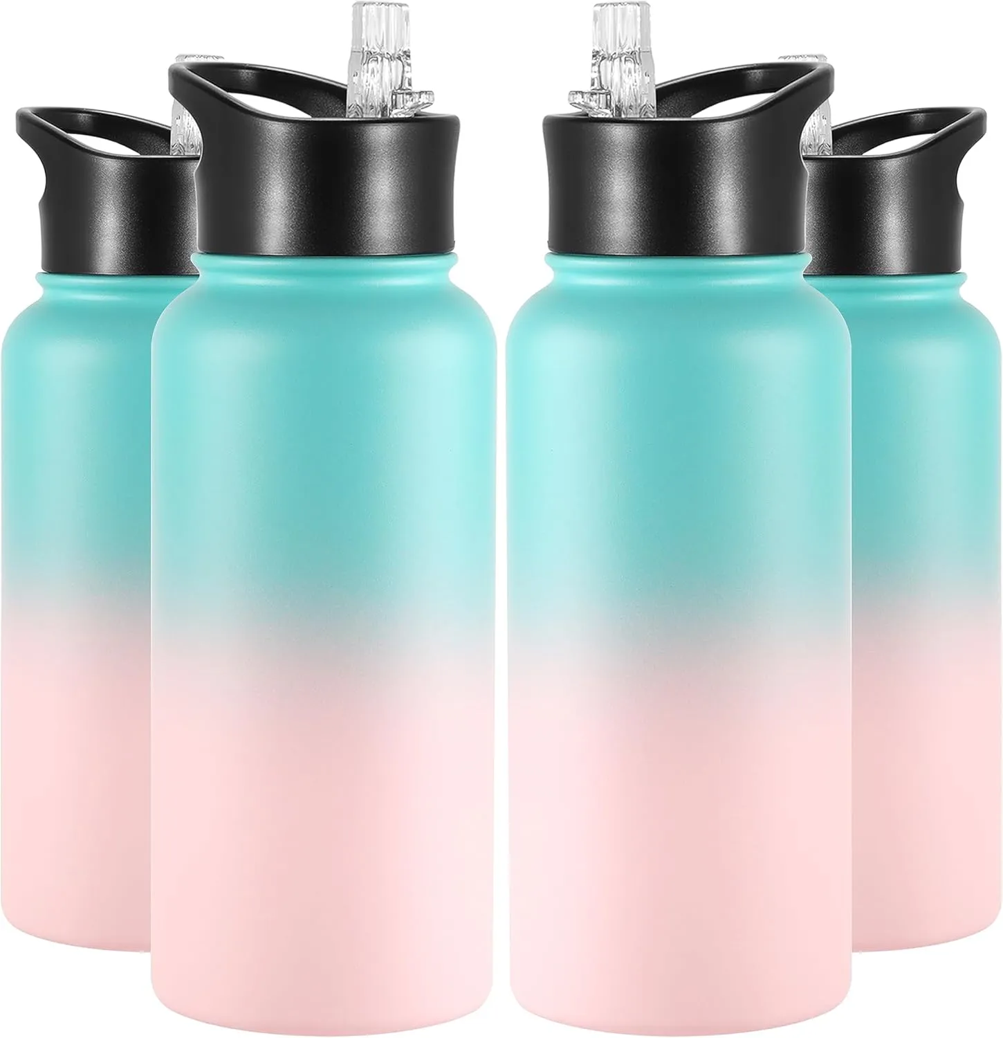 VEGOND 32 oz Insulated Water Bottle Bulk Stainless Steel Metal Water Bottles with Leak Proof Straw Lid & Spout Lid, Wide Mouth Double Walled Vacuum Travel Sports Bottle, 4 Pack
