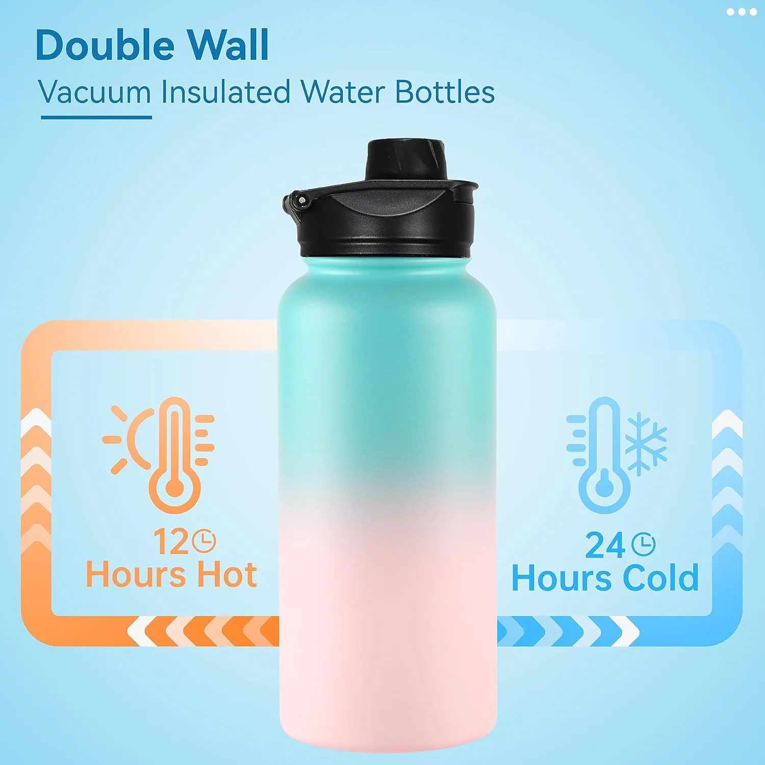 VEGOND 32 oz Insulated Water Bottle Bulk Stainless Steel Metal Water Bottles with Leak Proof Straw Lid & Spout Lid, Wide Mouth Double Walled Vacuum Travel Sports Bottle, 4 Pack