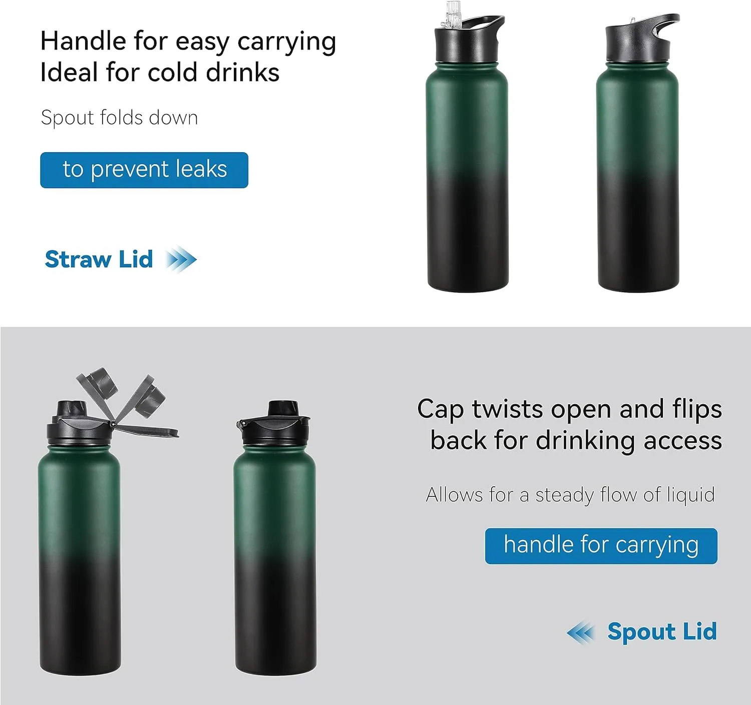 VEGOND 40 oz Insulated Water Bottle Bulk Stainless Steel Metal Water Bottles with Leak Proof Straw Lid & Spout Lid, Wide Mouth Double Walled Vacuum Travel Sports Bottle, 4 Pack